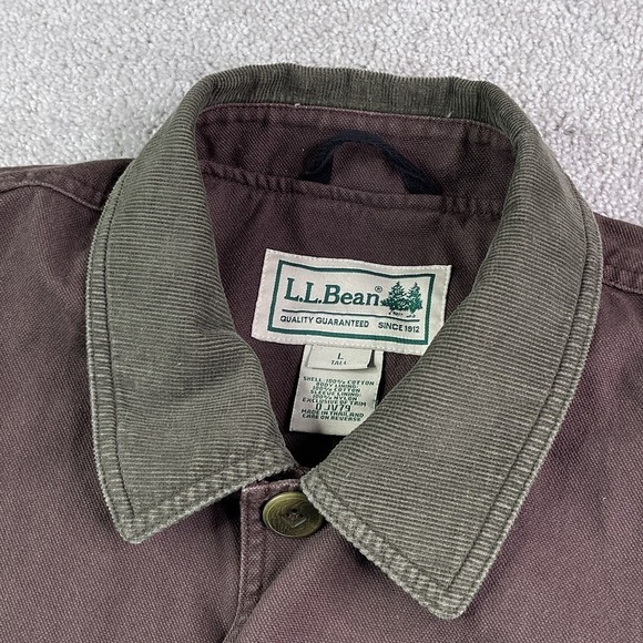 LL Bean Jacket Mens Large Tall Brown Canvas Flannel Lined Corduroy Collar Chore - Picture 4 of 14